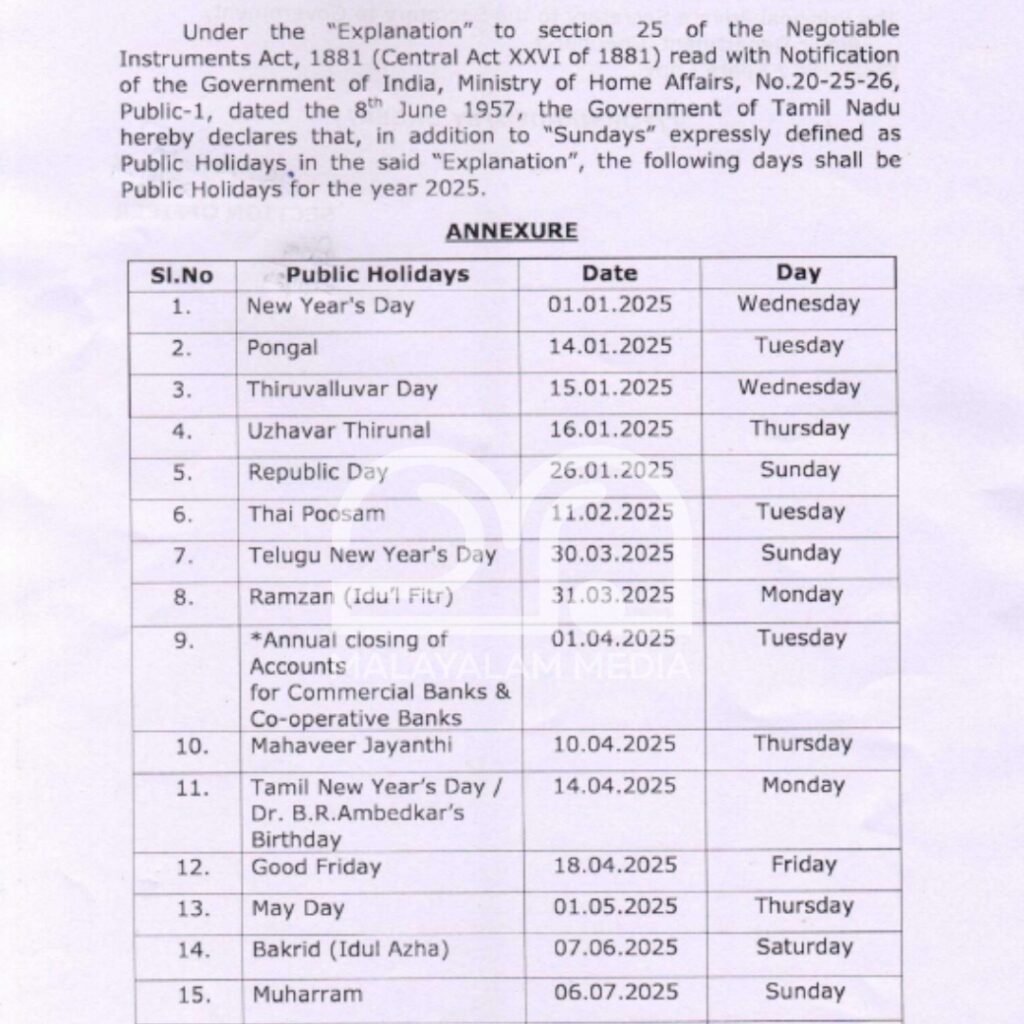 Public Holidays in Tamilnadu for 2025