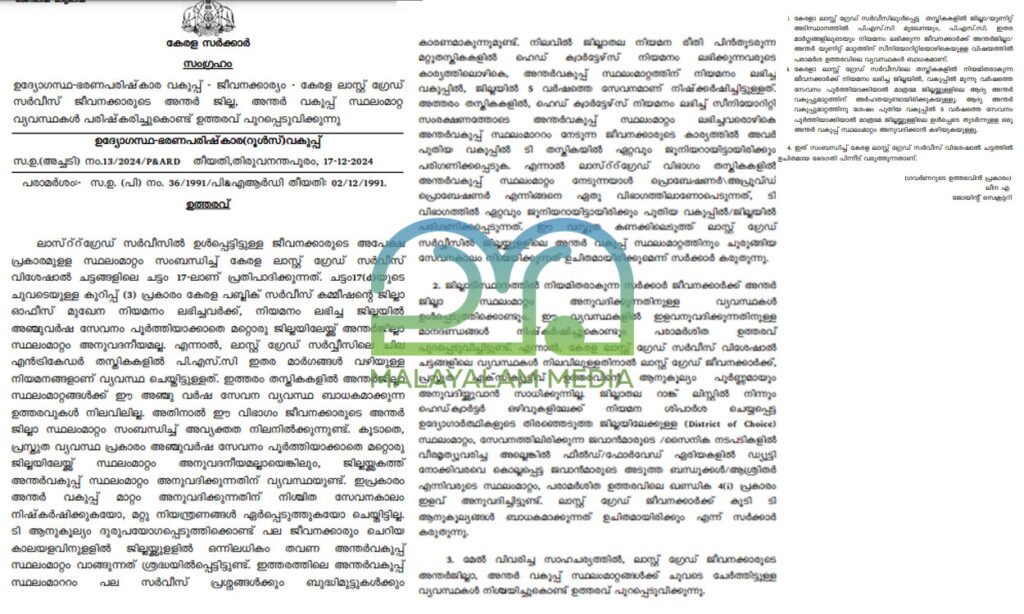 Kerala Last Grade Service inter-departmental transfer order