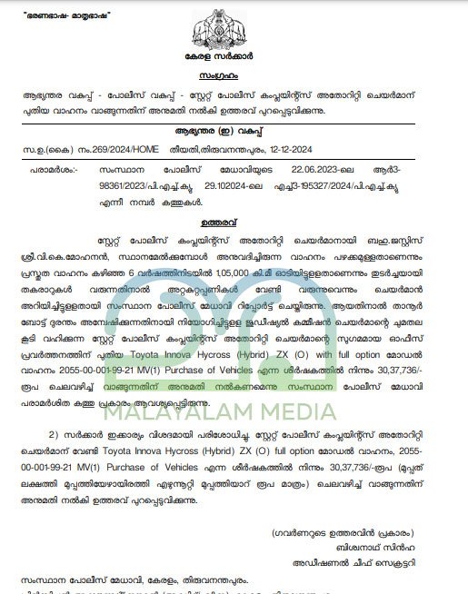 New Innova crysta for complaint authority chairman kerala