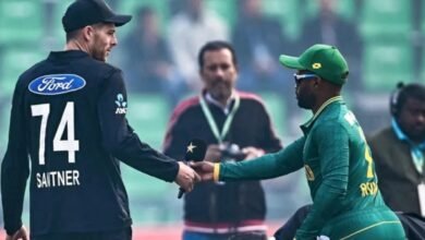 Mitchell Santner and Temba Bavuma shake hands