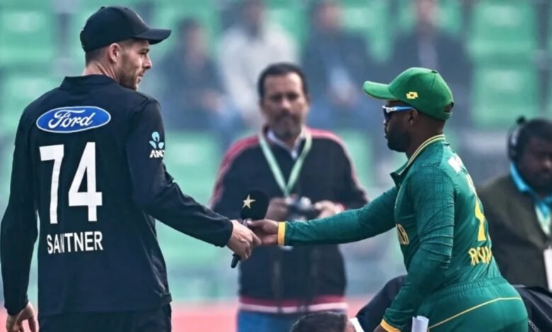 Mitchell Santner and Temba Bavuma shake hands