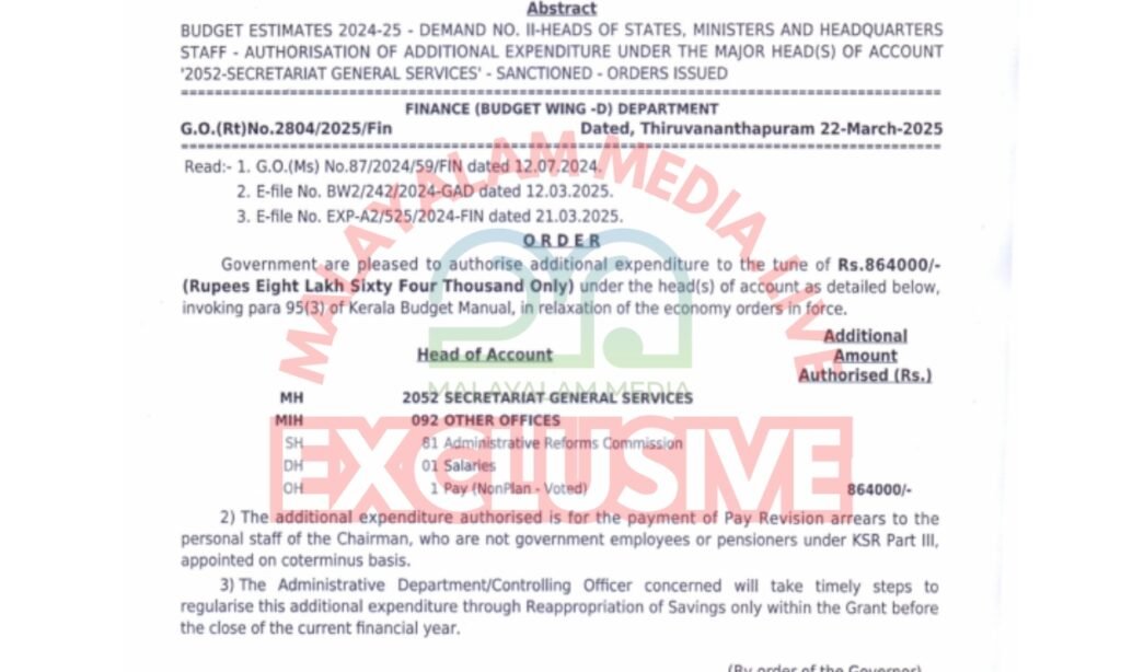 Pay Revision Arrear for VS Achuthanandan's personal staff Government order