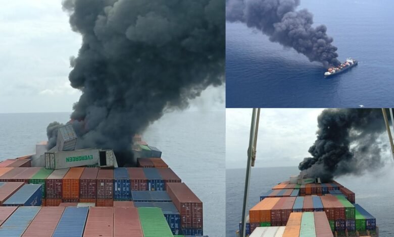 A cargo ship catches fire off the coast of Beypore in Kozhikode