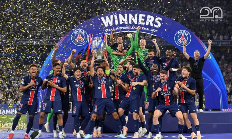 Paris Saint-Germain celebrates with the trophy after winning the Champions League